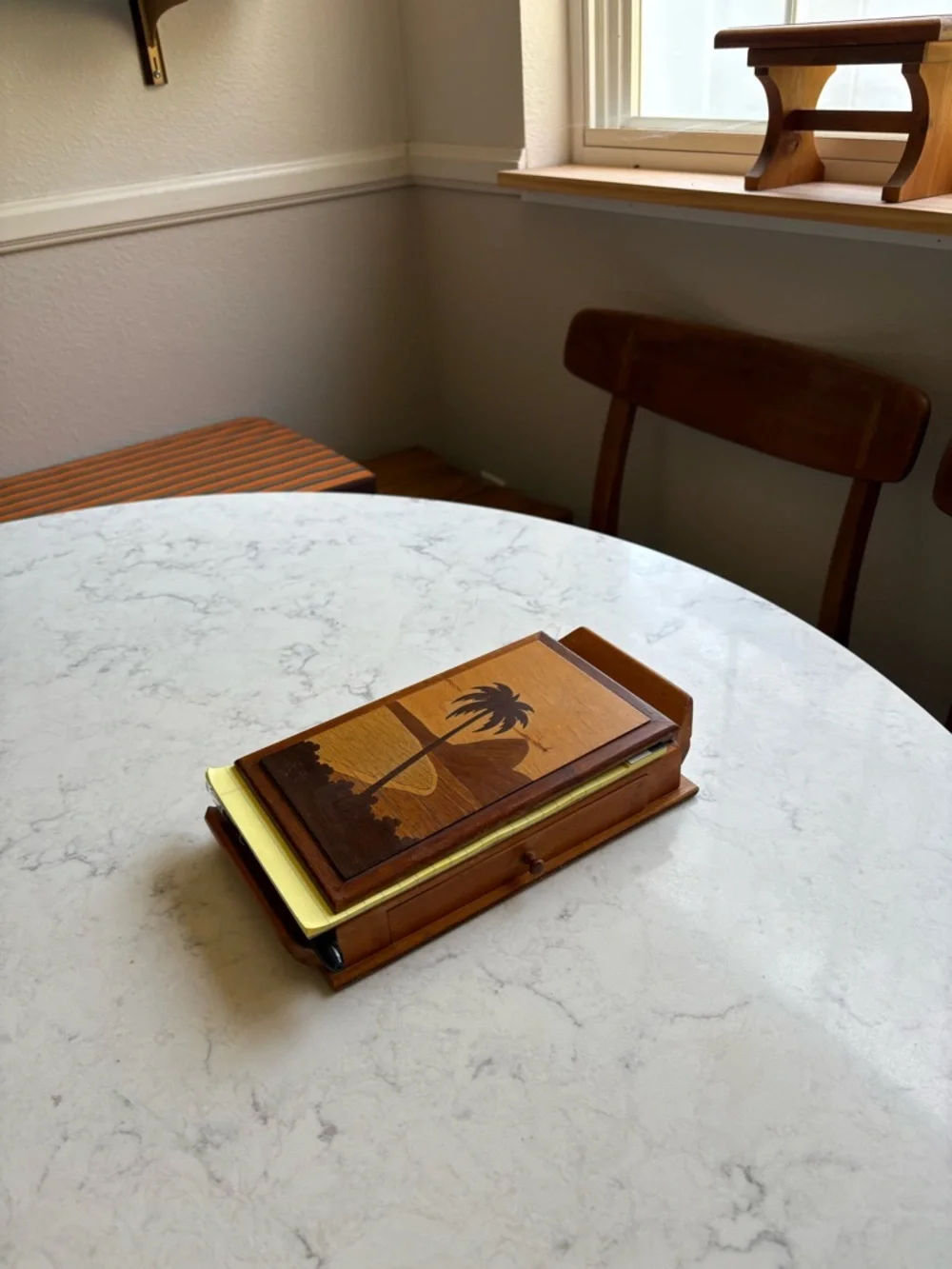 Vintage MCM Wooden Palm Beach Notepad Holder with Pen - Brown